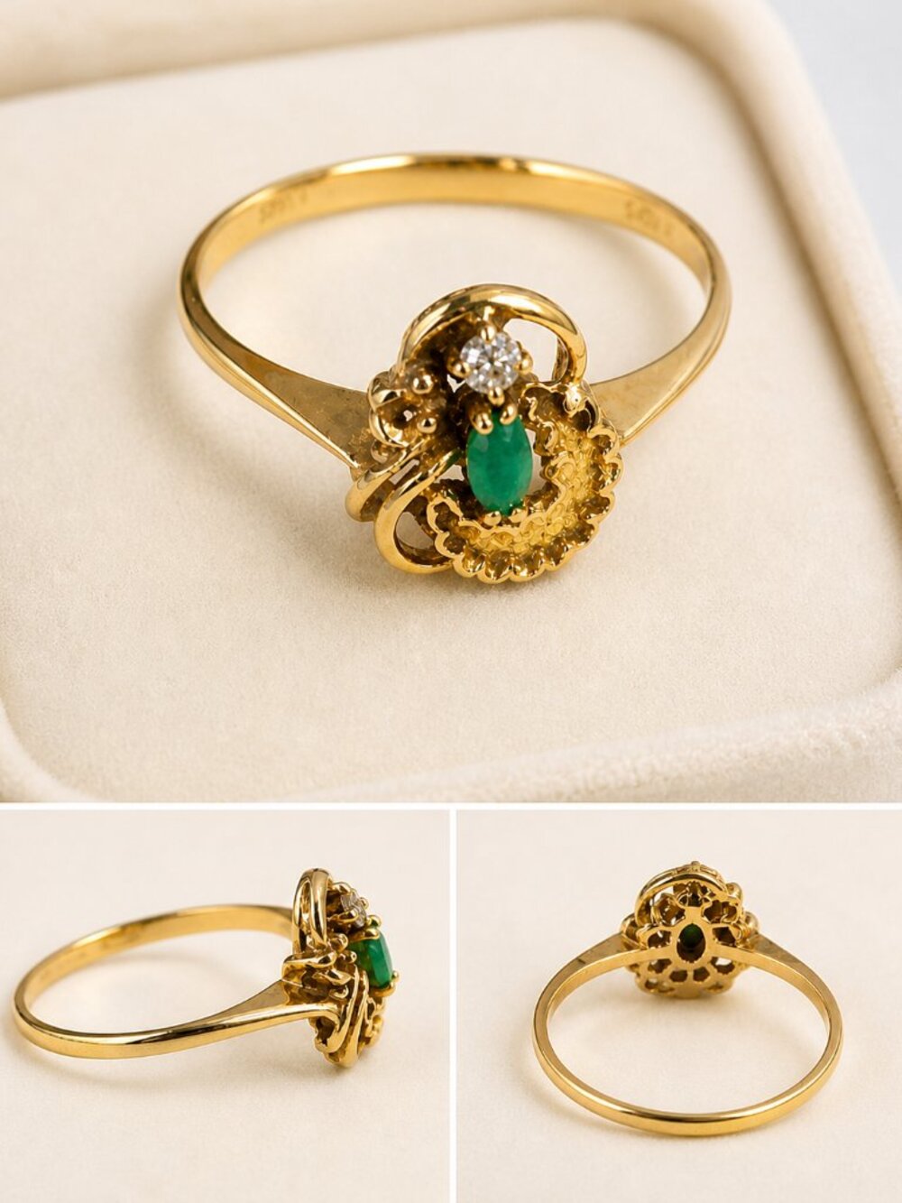 VTG *Spain* 14K Gold Natural Emerald & Diamond Estate Floral Ring Sz 7